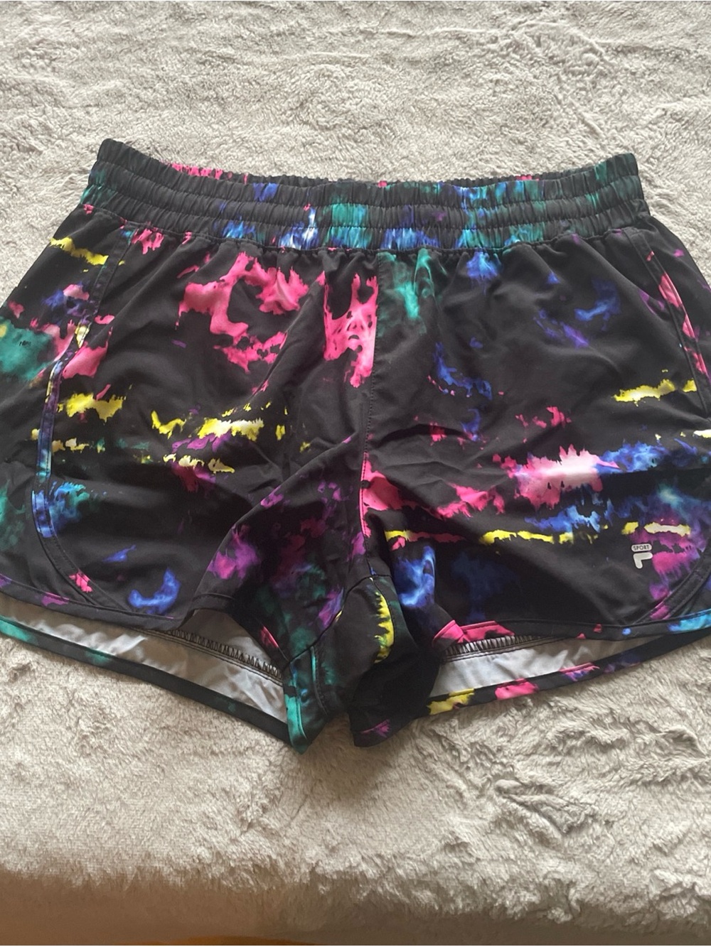 Fila Black Athletic Shorts with Neon Tie-Dye Accents